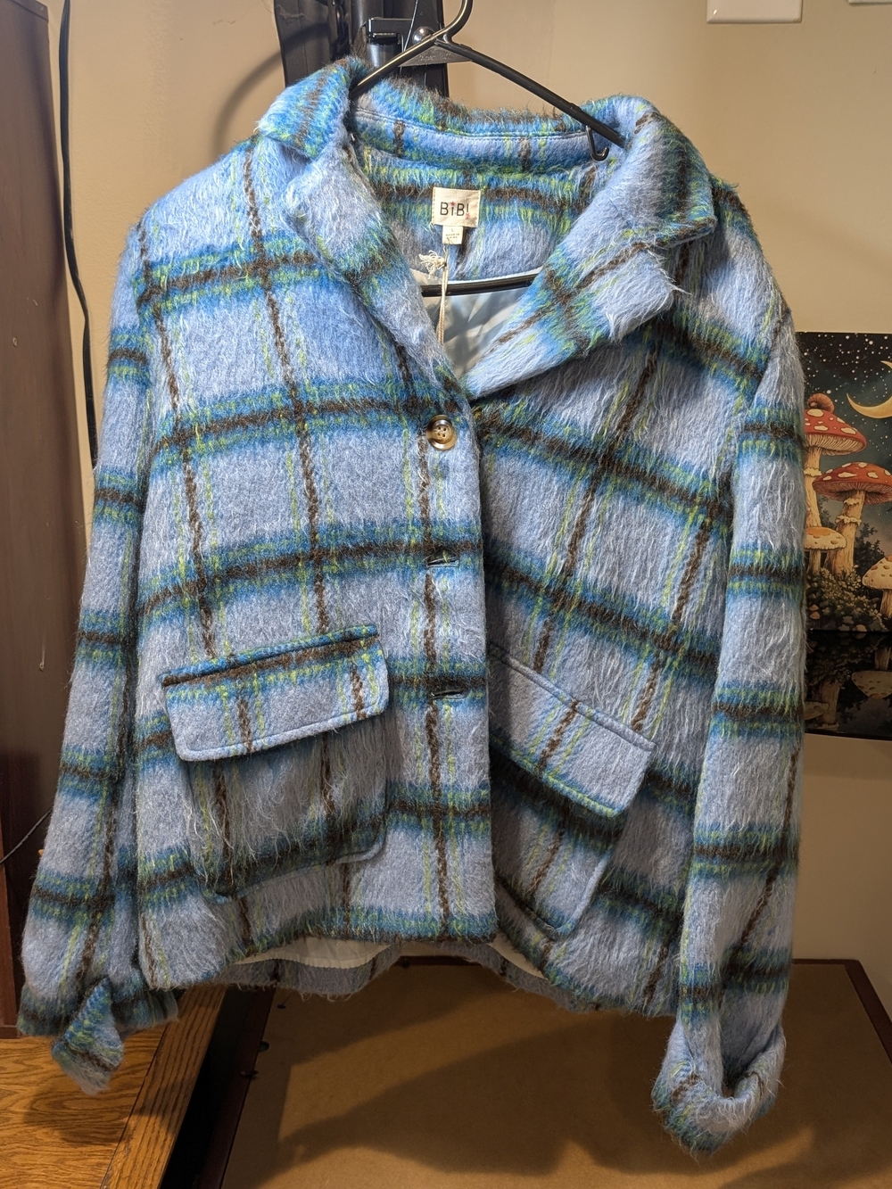 BIBI Blue Plaid Fuzzy Jacket - Women's Short Coat